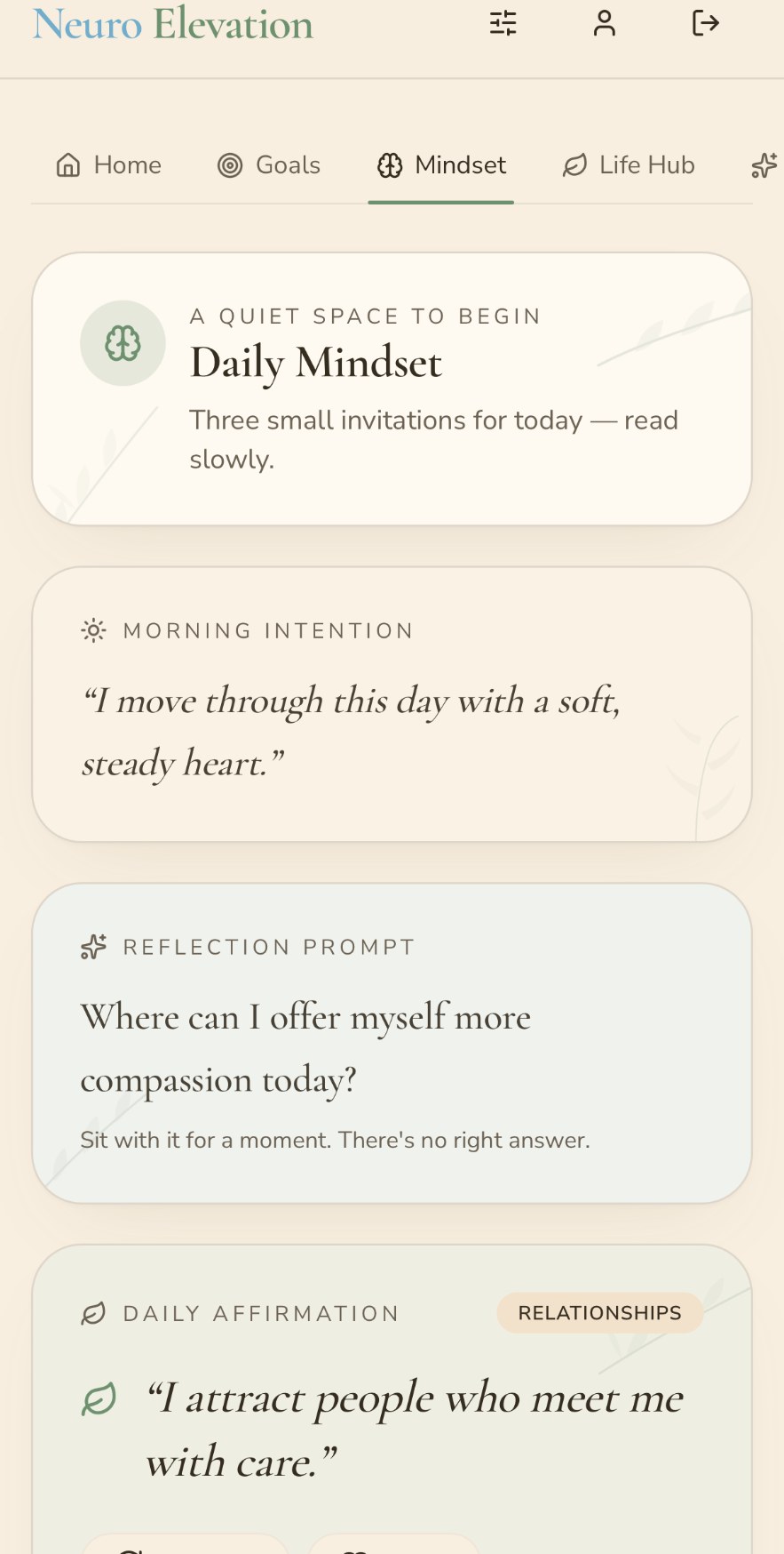 Daily Mindset screen with morning intention, reflection prompt and affirmation