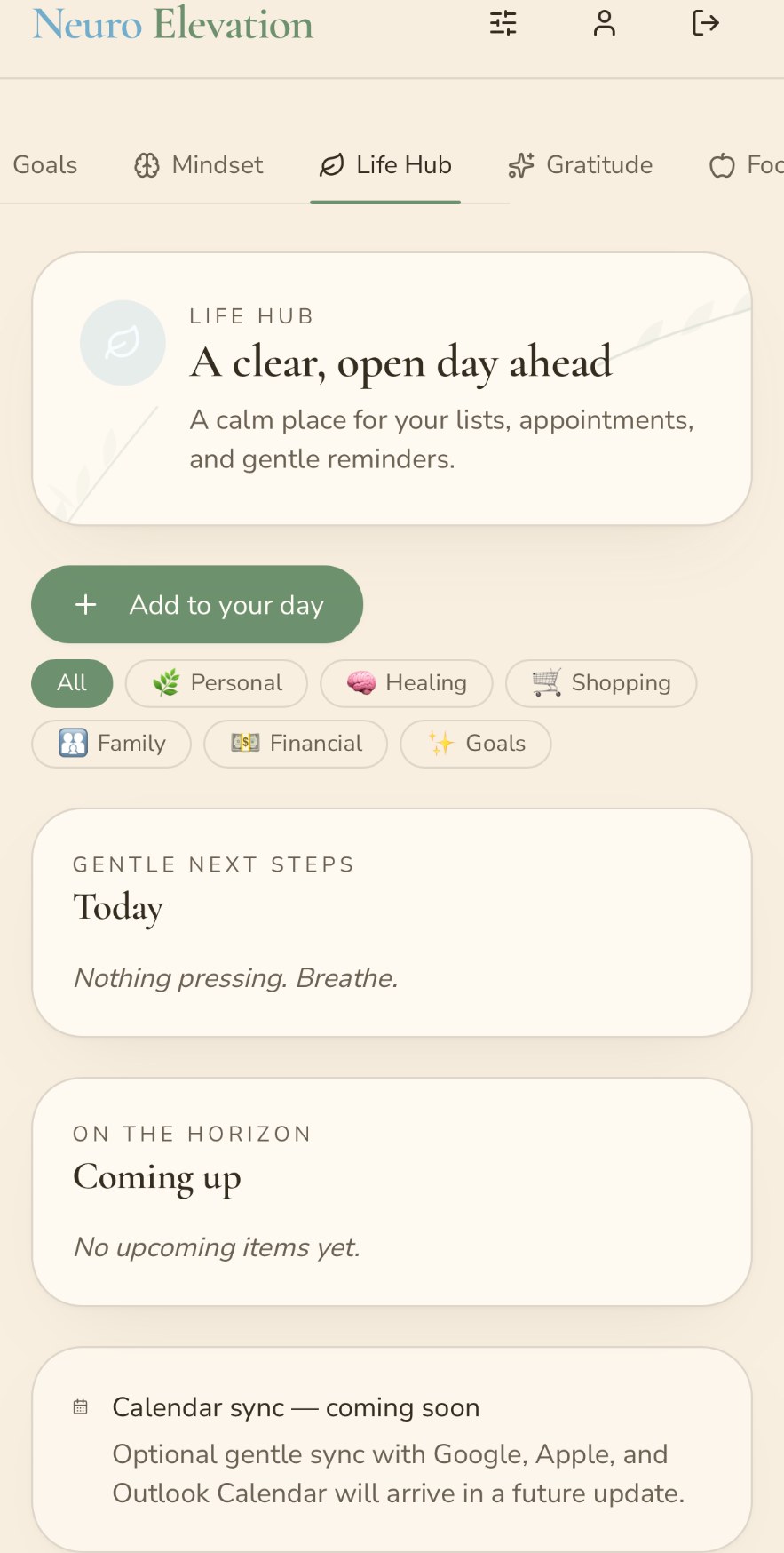 Life Hub screen with categorized lists, appointments, and gentle reminders