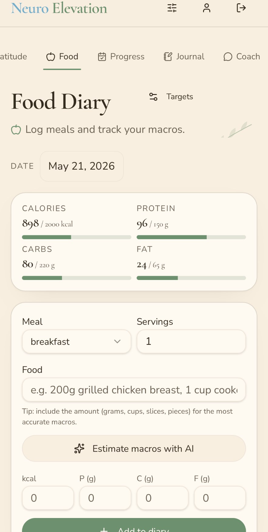 Food Diary screen logging meals and tracking calories and macros